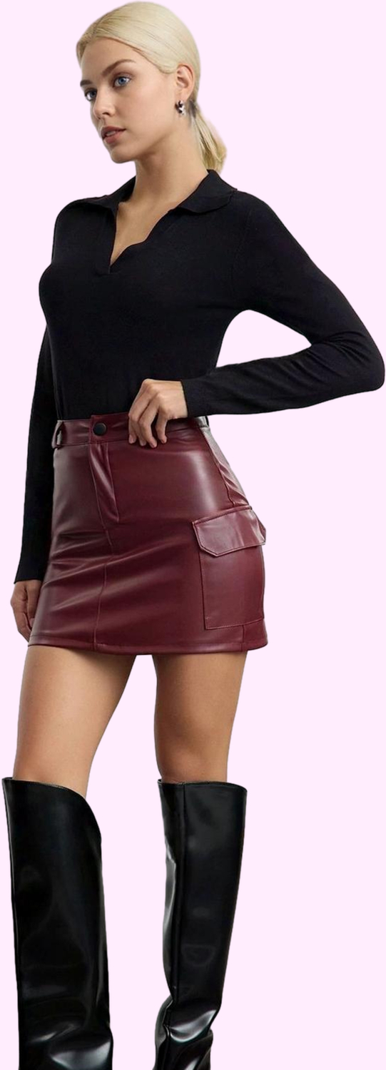 Modern Tarz Astarsız Örme Mini Boy Suni Deri Kargo Cepli Yüksek Bel Vücuda Oturan Mini Örme Etek