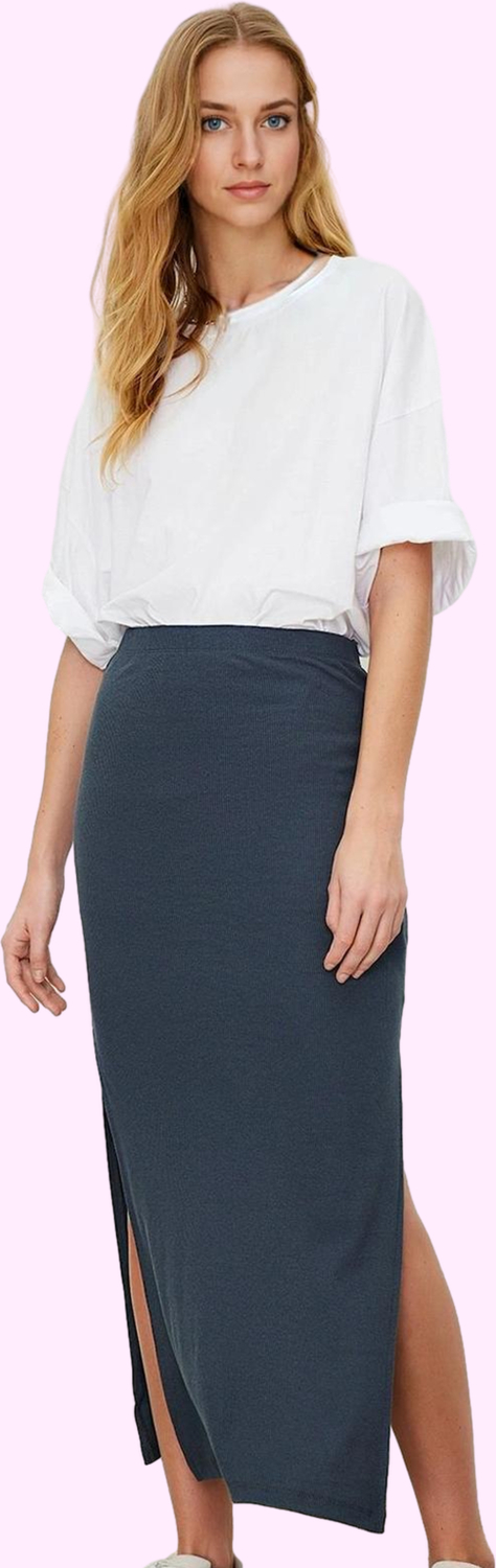 Modern Tarz Astarsız Örme Maxi Boy Yırtmaç Detaylı Vücuda Oturan Yüksek Bel Fitilli Esnek Örme Etek