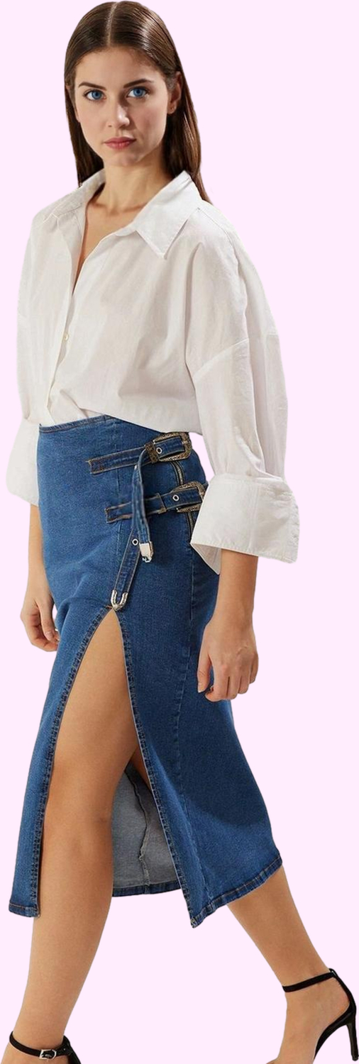 Kadın Denim Etek; Yüksek Bel Kalem Kalıp Yırtmaçlı Detay Yazlık Yaz Aylarının Vazgeçilmezi