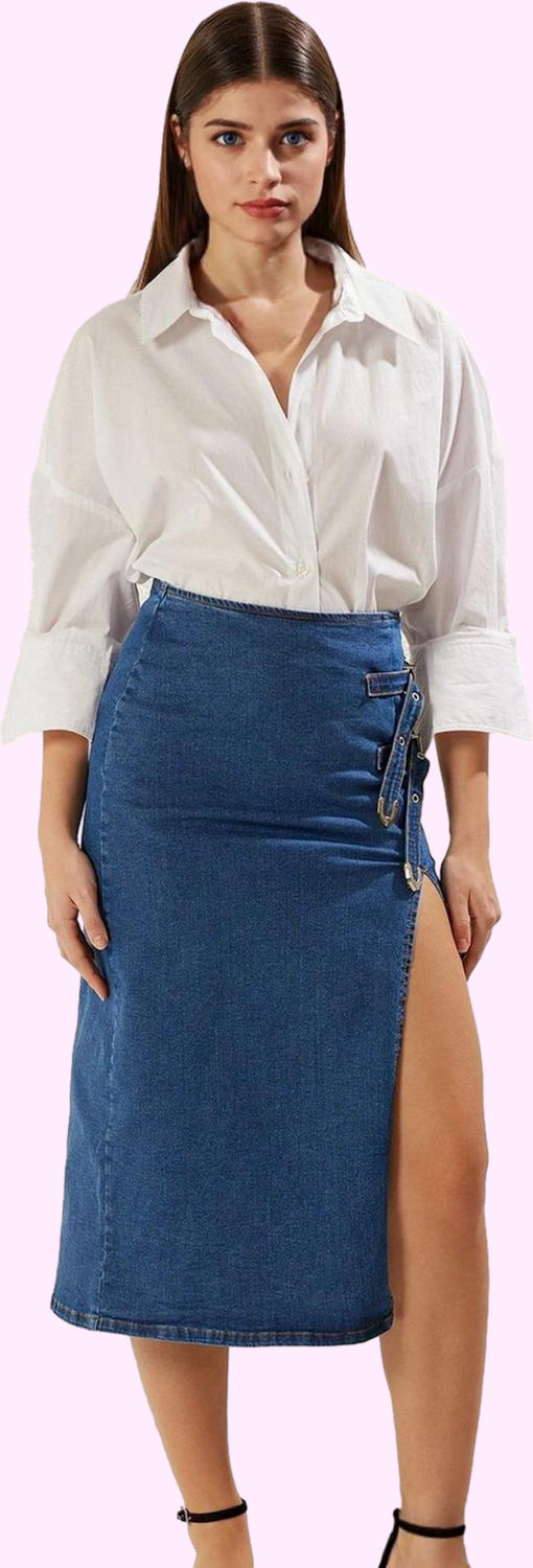 Kadın Denim Etek; Yüksek Bel Kalem Kalıp Yırtmaçlı Detay Yazlık Yaz Aylarının Vazgeçilmezi