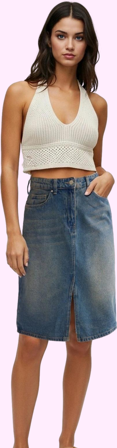 Kadın Pamuklu Denim Midi Etek; Günlük Şıklık İçin Rahat Kalıp Hafta Sonu Dayanıklı Malzeme