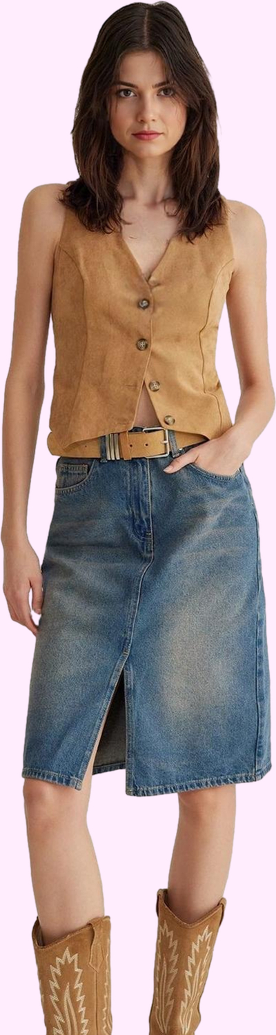 Kadın Pamuklu Denim Midi Etek; Günlük Şıklık İçin Rahat Kalıp Hafta Sonu Dayanıklı Malzeme