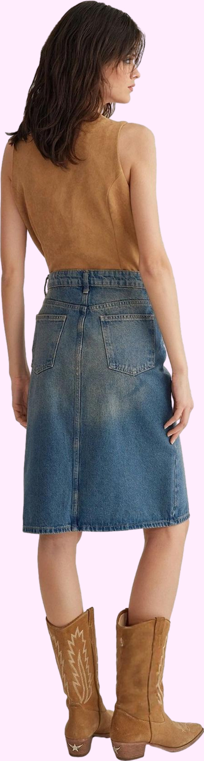 Kadın Pamuklu Denim Midi Etek; Günlük Şıklık İçin Rahat Kalıp Hafta Sonu Dayanıklı Malzeme