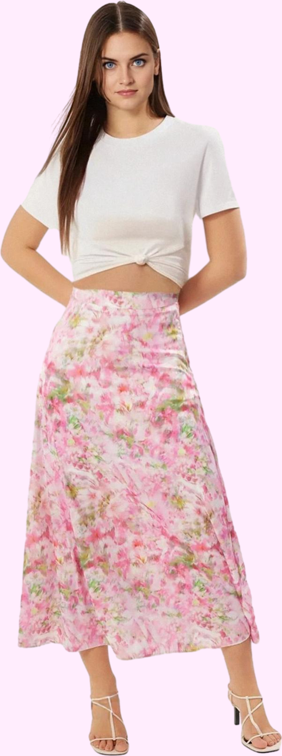 Kadın Çok Çiçek Desenli Saten Midi Etek Günlük Casual Tarz Hafta Sonu Yaz Aylarının Vazgeçilmezi