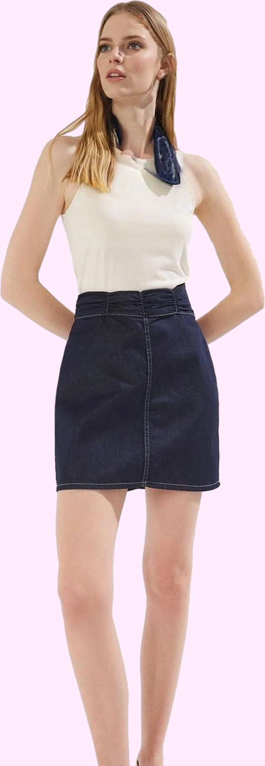 Kadın Denim Mini Etek Pamuk A line Yüksek Bel Büzgülü Rahat Günlük Yaz Aylarının Vazgeçilmezi