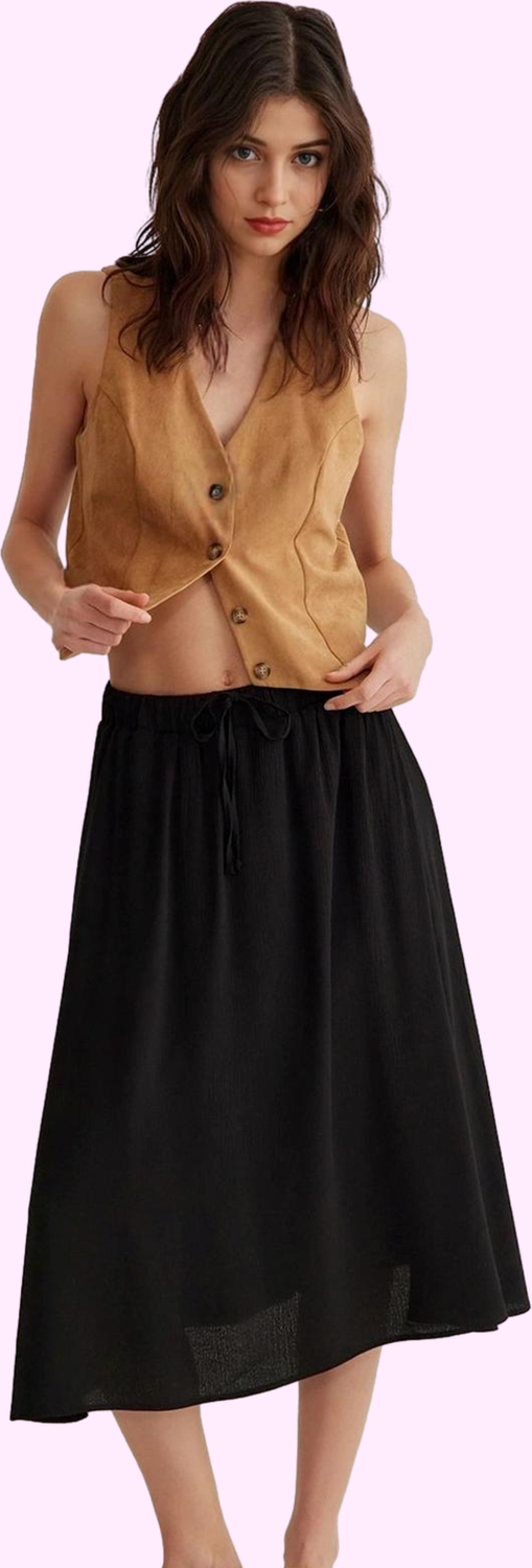 Kadın Crinkle Dokuma Etek Rahat Günlük Midi Boy Kloş Yazlık Hafta Sonu Yaz Aylarının Vazgeçilmezi