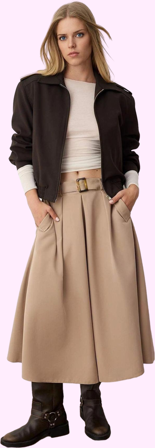 Kadın Gabardin Dokuma Midi Etek Kemer Detayı Casual Kombinler Günlük Kullanım Modern Tasarım