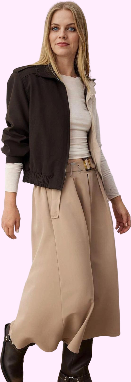Kadın Gabardin Dokuma Midi Etek Kemer Detayı Casual Kombinler Günlük Kullanım Modern Tasarım