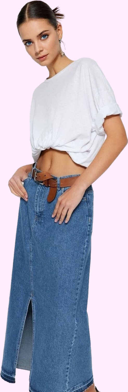 Kadın Pamuklu Denim Maxi Etek Yırtmaçlı A line Günlük ve Şık Kombinler İçin Modern Tasarım