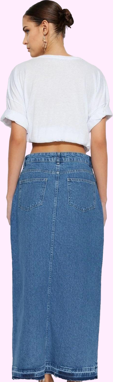 Kadın Pamuklu Denim Maxi Etek Yırtmaçlı A line Günlük ve Şık Kombinler İçin Modern Tasarım