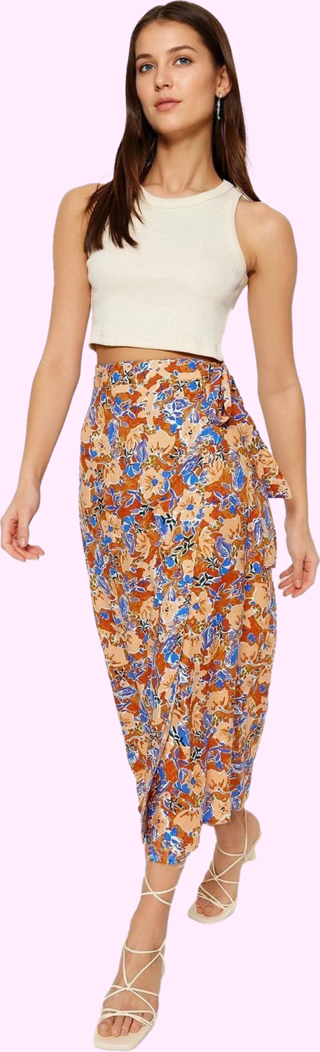 Kadın Çiçek Desenli Dokuma Midi Etek Sarong Stil Viskoz Nefes Alan Yazlık Günlük Kombinler
