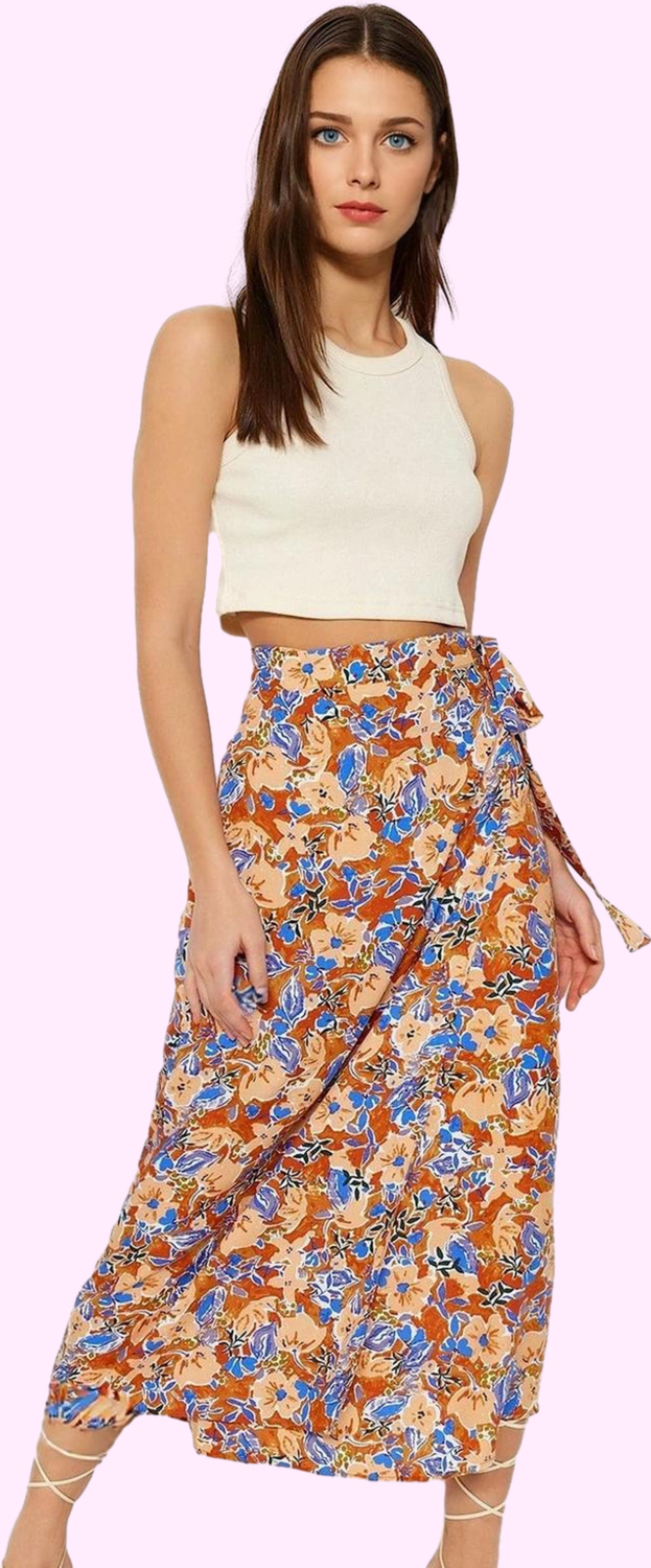 Kadın Çiçek Desenli Dokuma Midi Etek Sarong Stil Viskoz Nefes Alan Yazlık Günlük Kombinler