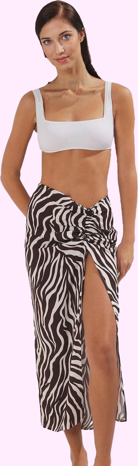 Kadın Plaj Eteği Maxi Boy Zebra Desen Viskoz Büzgü Detay Yazlık Yaz Aylarının Vazgeçilmezi