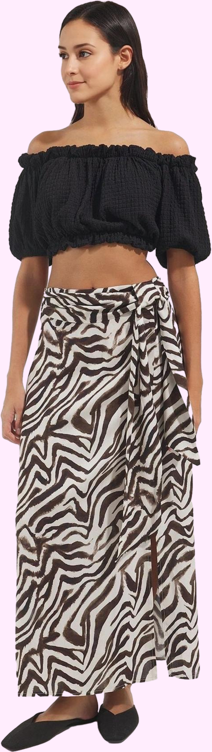 Kadın Yırtmaçlı Sarong Zebra Desenli Etek Viskoz Kuşak Detayı Günlük Şıklık Modern Tasarım