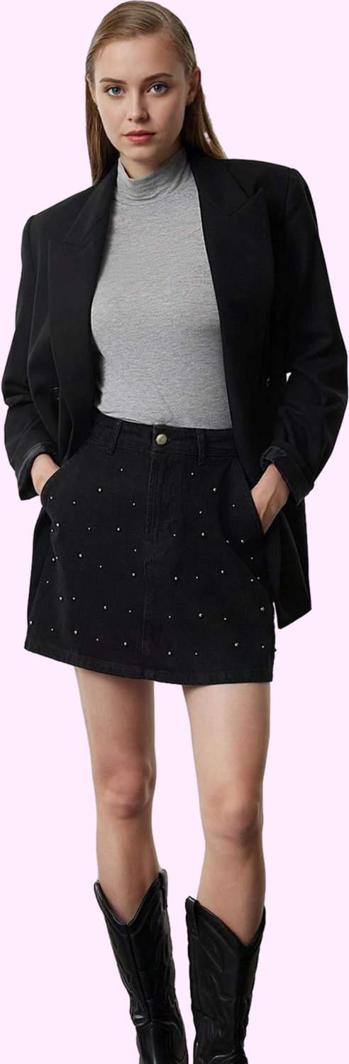 Kadın Pamuk Mini Denim Etek A line Renk Cepsiz Taş Detaylı Günlük Kombinler Modern Tasarım