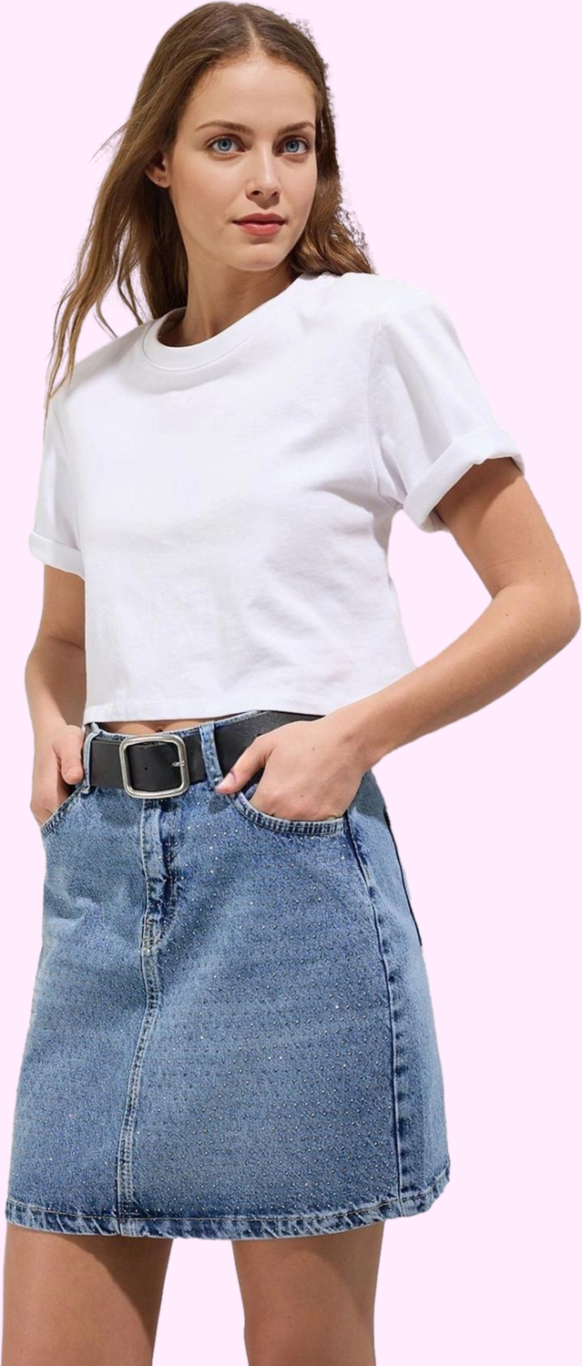Kadın A line Taş Detaylı Denim Mini Etek Pamuk Yazlık Günlük Kullanım Yaz Aylarının Vazgeçilmezi
