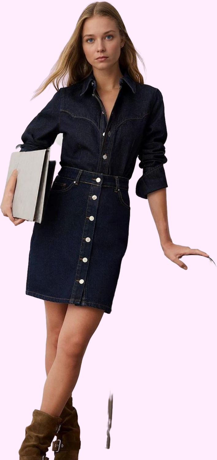 Kadın Pamuk Denim Mini Etek Ön Düğmeli Rigid Günlük Kombinler İçin Yaz Aylarının Vazgeçilmezi