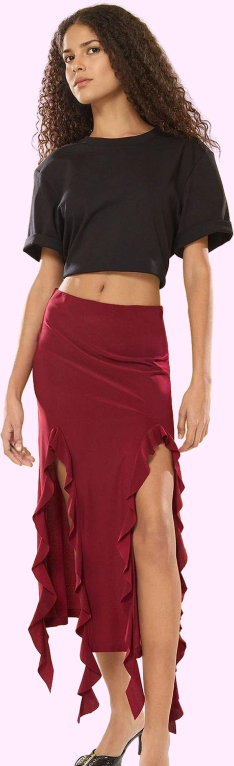 Moda Regular Düz Desen Günlük Midi Boy Yırtmaç ve Fırfır Detaylı Maxi Etek