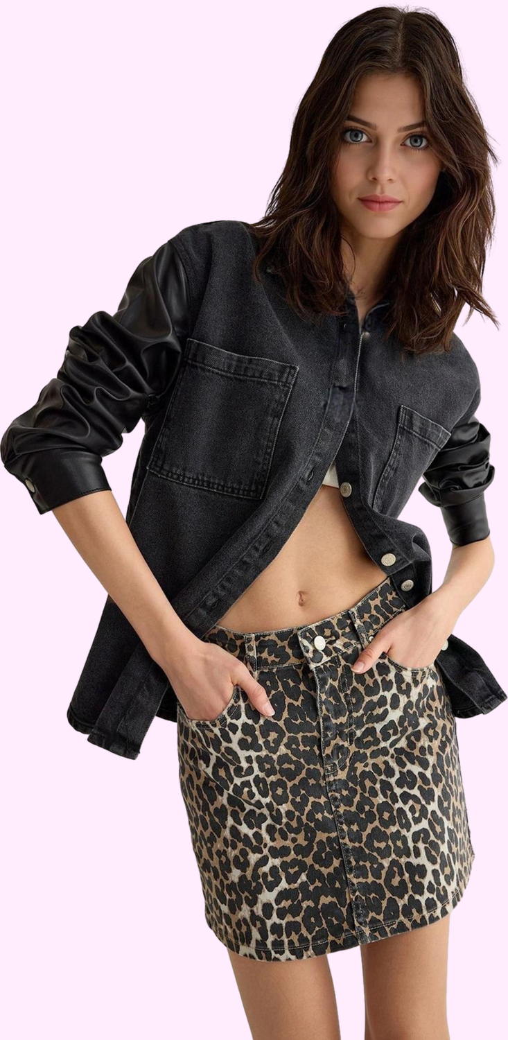 Kadın Pamuk Denim Mini Etek Çok Animal Desen Günlük Stil Hafta Sonu Yaz Aylarının Vazgeçilmezi
