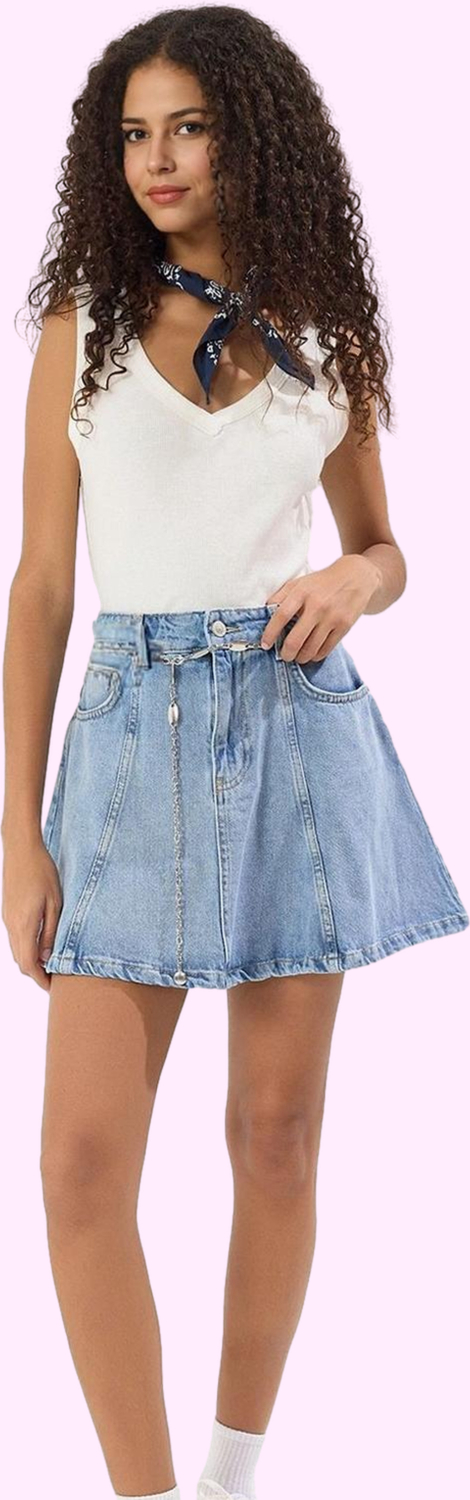 Kadın Pamuklu Denim Mini Etek; Yazlık Fırfırlı A line Yüksek Bel Yaz Aylarının Vazgeçilmezi