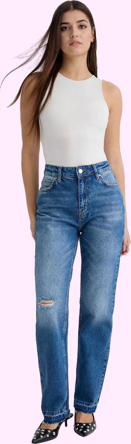 Kadın Yüksek Bel Straight Jean Pamuk Denim Günlük Kombinler Hafta Sonu Yaz Aylarının Vazgeçilmezi