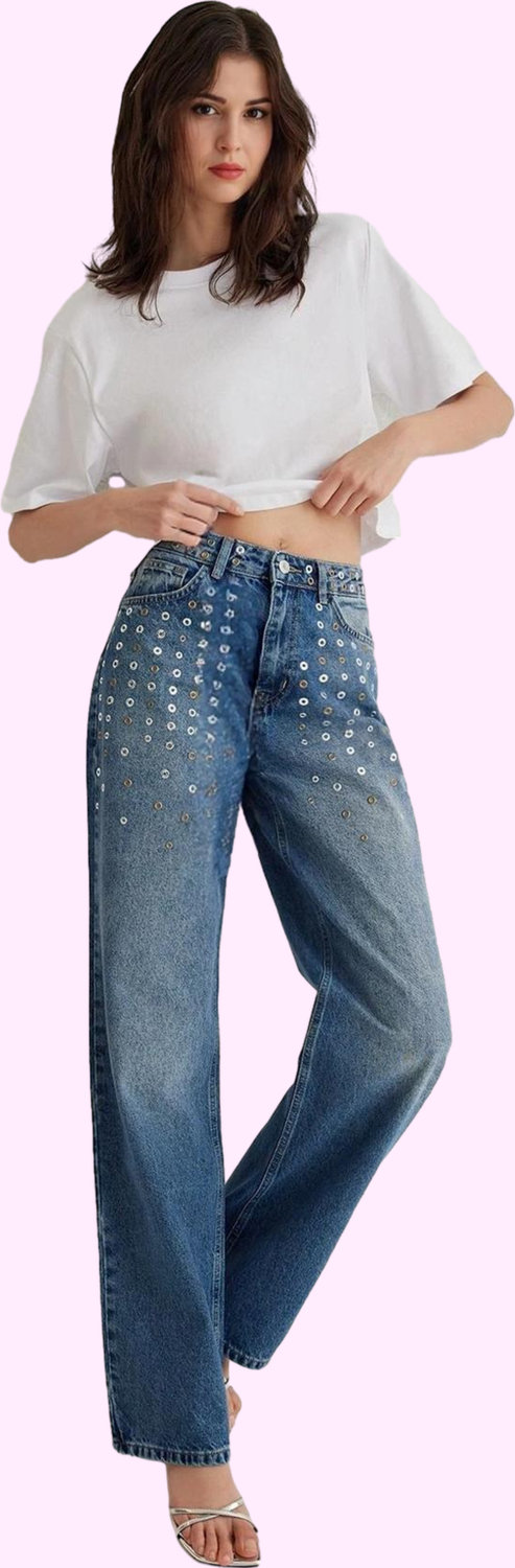 Kadın Yüksek Bel Wide Leg Jean Kuşgözü Detaylı Pamuklu Günlük Stil Yaz Aylarının Vazgeçilmezi