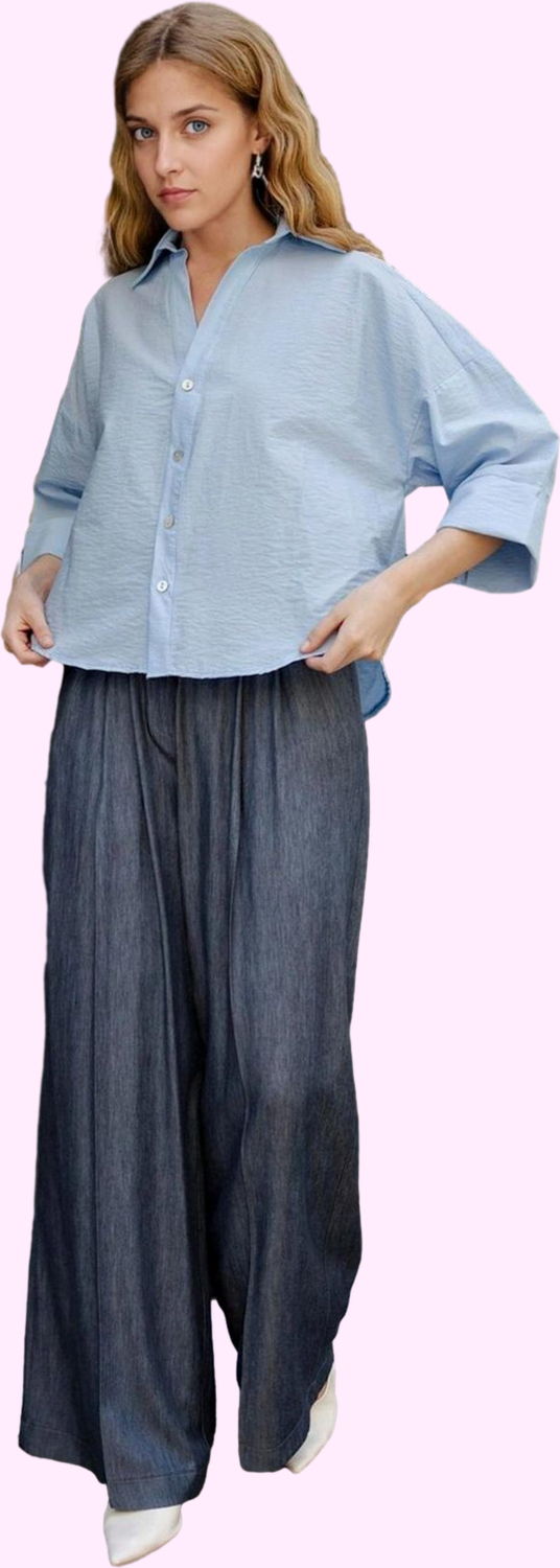 Kadın Chambre Dokuma Geniş Paça Pantolon Yüksek Bel Yaz Günlük Hafta Sonu Kaliteli Malzeme