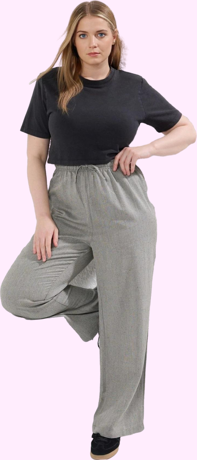 Kadın Relaxed Siluet Geniş Paça Yazlık Pantolon Rahat Kalıp Keten Görünümlü Günlük Kullanım