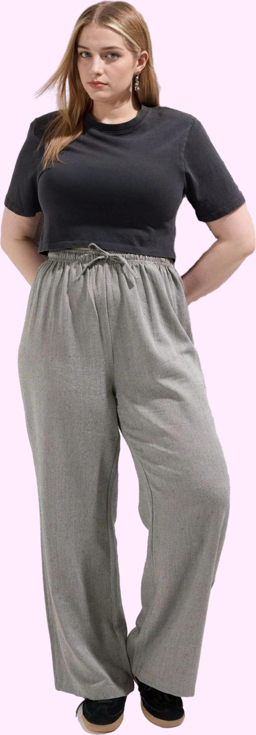 Kadın Relaxed Siluet Geniş Paça Yazlık Pantolon Rahat Kalıp Keten Görünümlü Günlük Kullanım