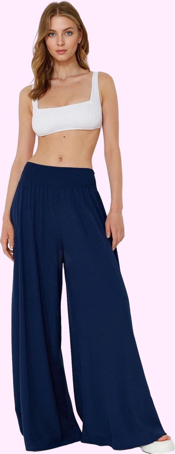 Kadın Yazlık Crinkle Dokuma Geniş Paça Pantolon Rahat ve Şık Günlük Kullanım Modern Tasarım