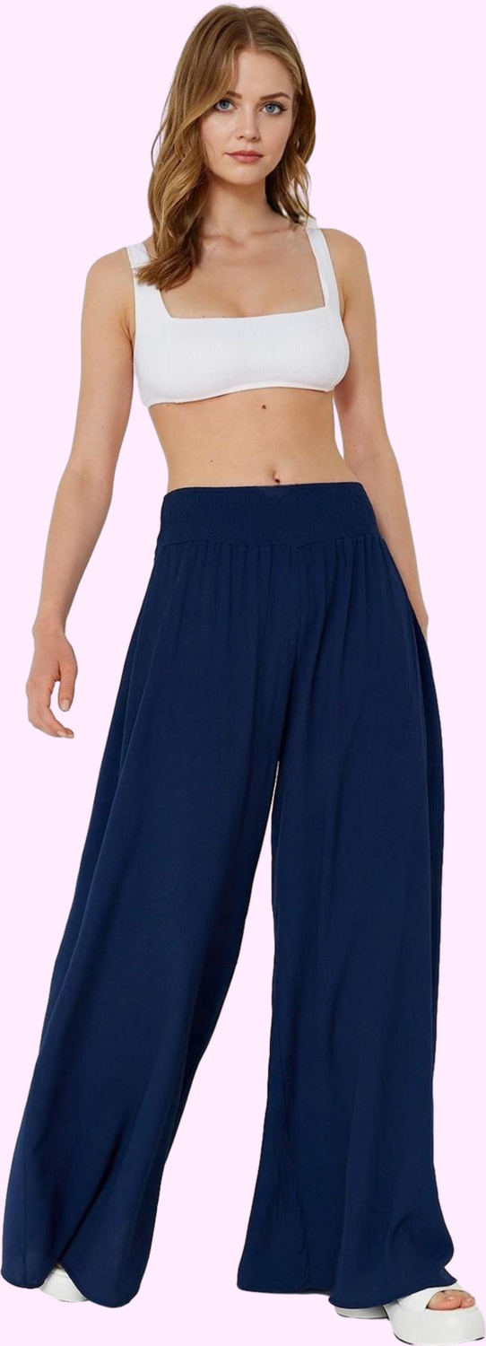 Kadın Yazlık Crinkle Dokuma Geniş Paça Pantolon Rahat ve Şık Günlük Kullanım Modern Tasarım