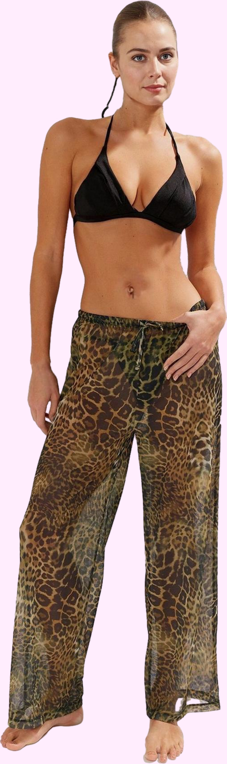 Kadın Uzun Boy Örme Boru Paça Plaj Pantolonu Çok Leopar Desenli Normal Bel Yazlık Günlük Kullanım