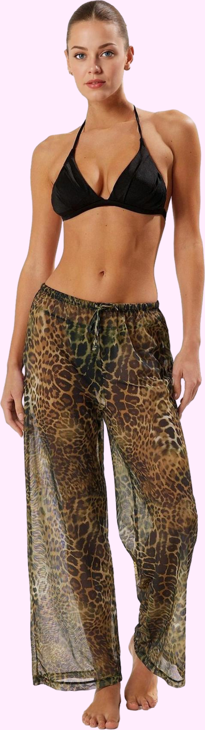 Kadın Uzun Boy Örme Boru Paça Plaj Pantolonu Çok Leopar Desenli Normal Bel Yazlık Günlük Kullanım