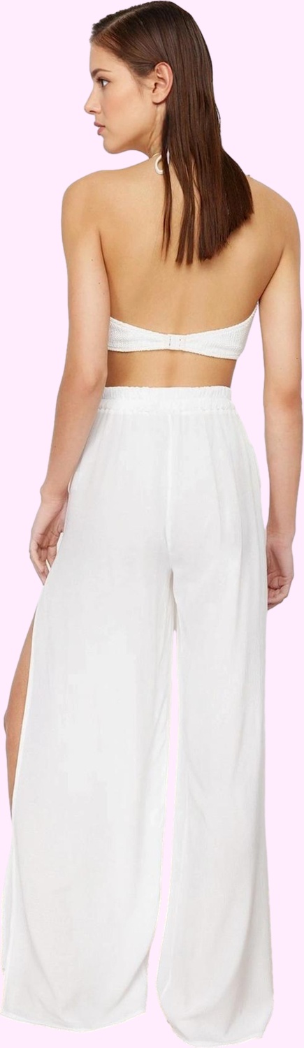 Kadın Crinkle Dokuma Plaj Pantolonu Yüksek Bel Geniş Paça Rahat ve Şık Tasarım Günlük Kullanım