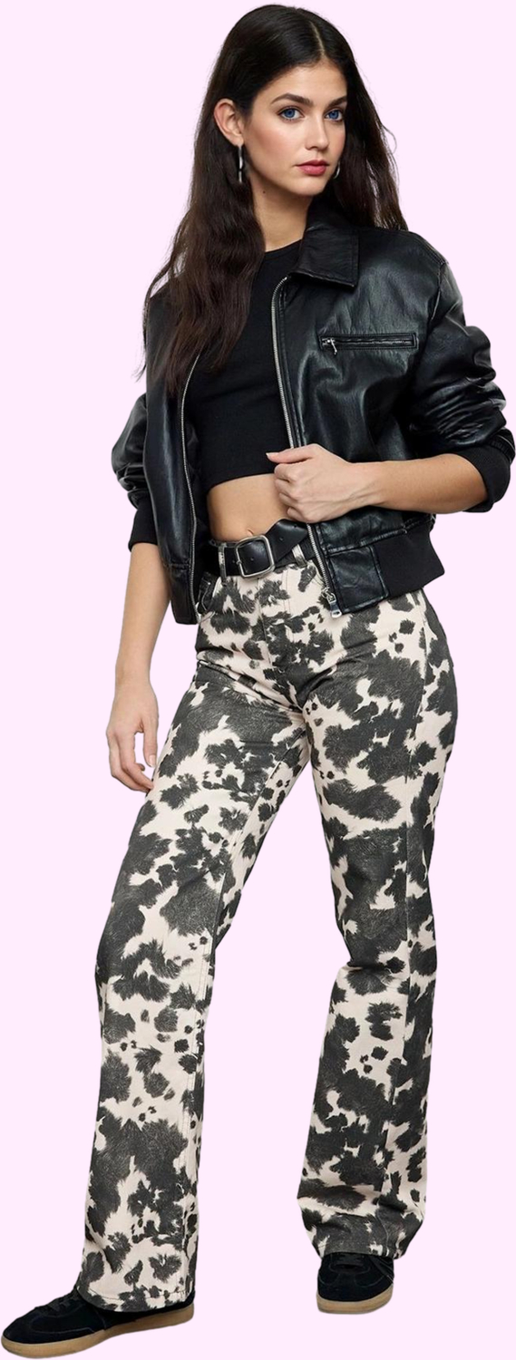 Kadın İnek Desenli Düşük Bel Wide Leg Jean Pantolon Pamuk Casual Stil Yaz Aylarının Vazgeçilmezi
