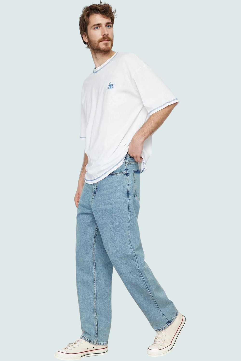 Erkek Pamuklu Denim Pantolon Yüksek Bel Geniş Paça Günlük Stil Hafta Sonu Kaliteli Malzeme