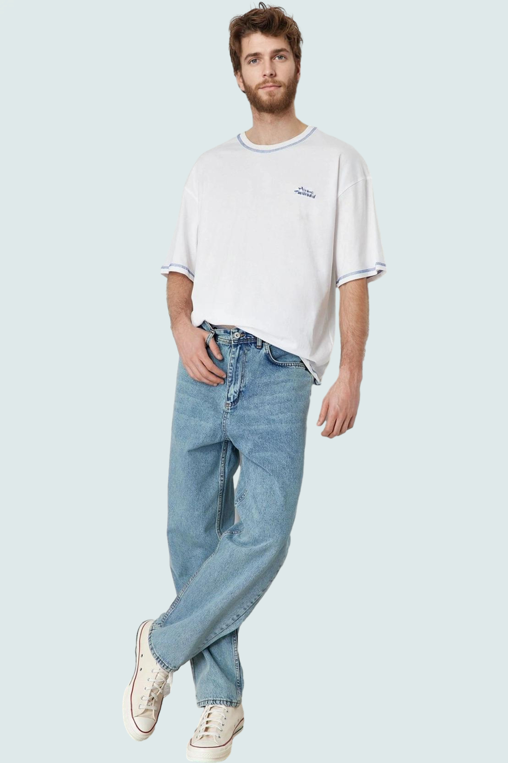 Erkek Pamuklu Denim Pantolon Yüksek Bel Geniş Paça Günlük Stil Hafta Sonu Kaliteli Malzeme