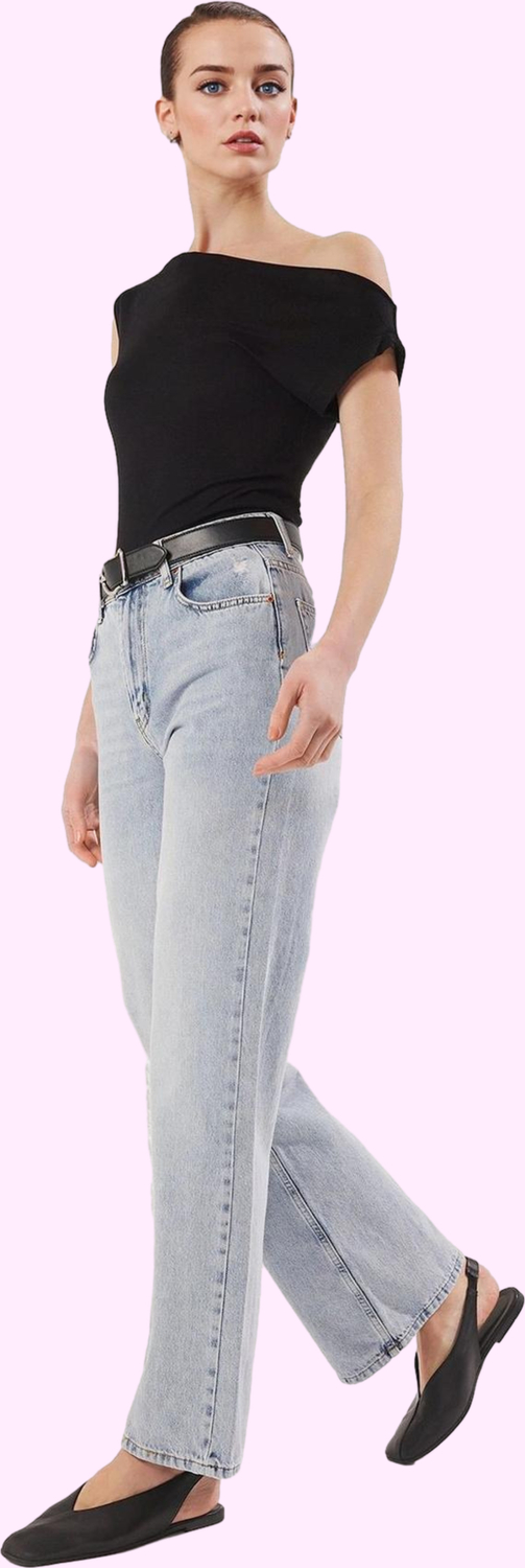Kadın Pamuk Denim Jean Pantolon Yüksek Bel Geniş Paça Düz Desen Günlük Stil Modern Tasarım
