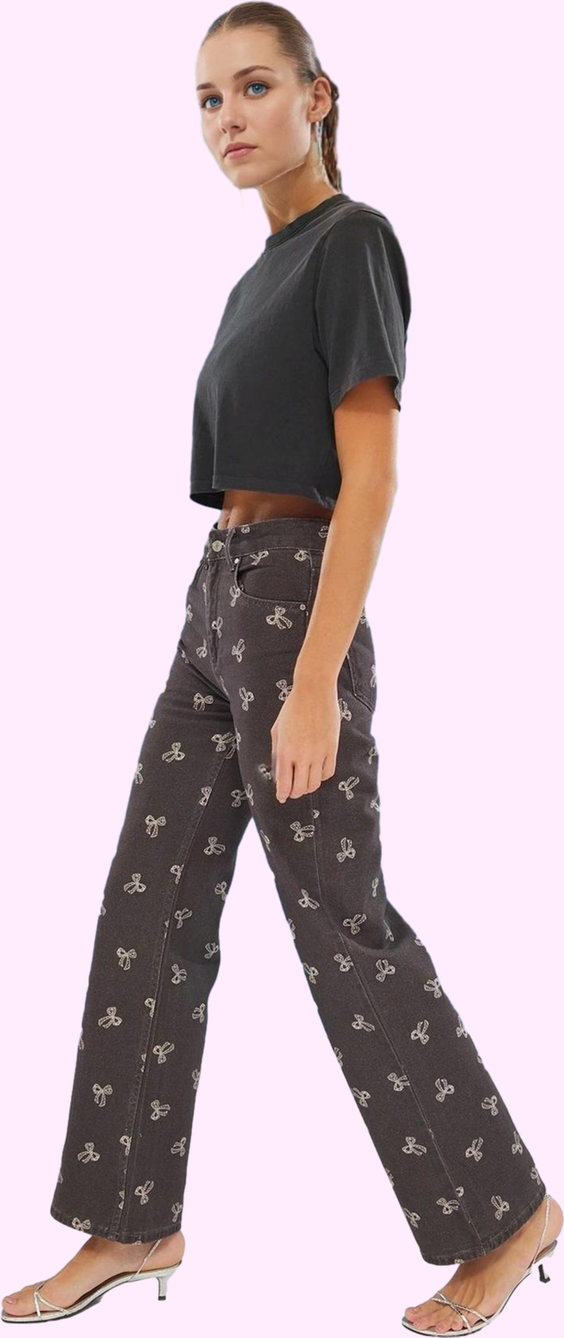 Kadın Baskılı Denim Pantolon Pamuk Yüksek Bel Wide Leg Casual Tarz Yaz Aylarının Vazgeçilmezi