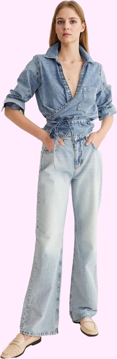 Kadın Pamuklu Denim Geniş Paça Pantolon Günlük Kullanım için Hafta Sonu Yaz Aylarının Vazgeçilmezi