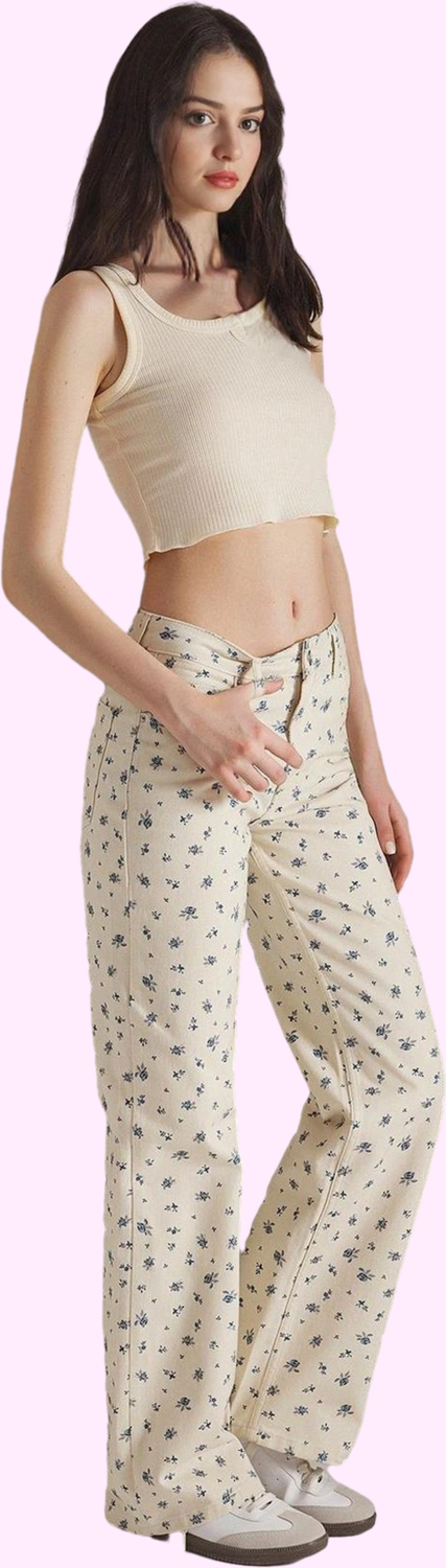 Kadın Pamuklu Çiçekli Desenli Wide Leg Jean Pantolon Günlük Kullanım Yaz Aylarının Vazgeçilmezi