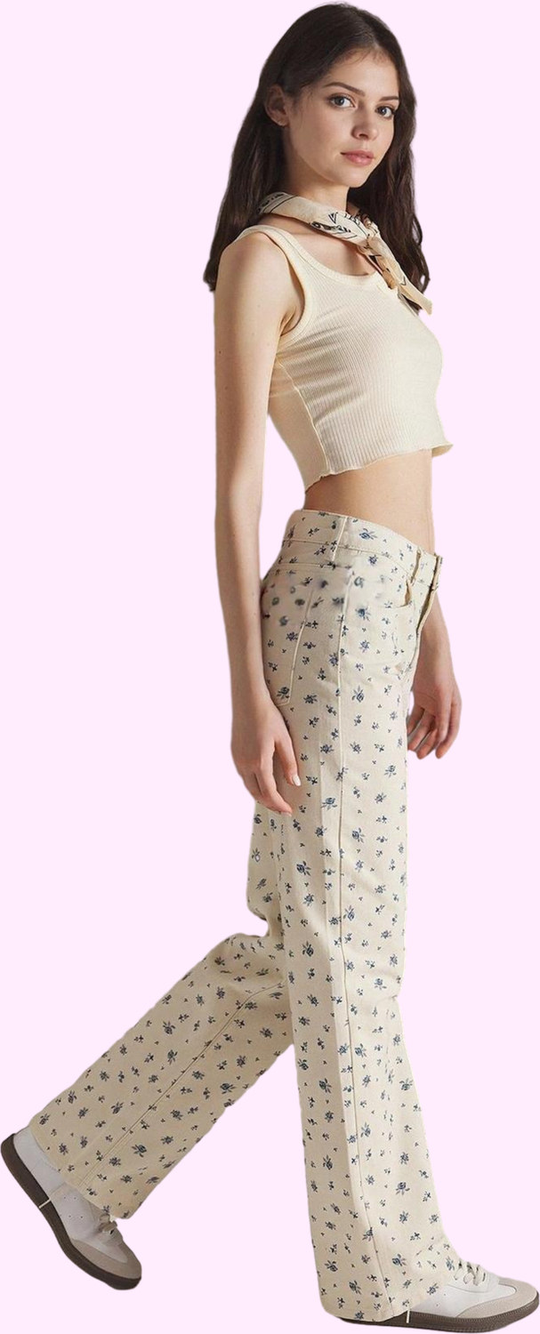 Kadın Pamuklu Çiçekli Desenli Wide Leg Jean Pantolon Günlük Kullanım Yaz Aylarının Vazgeçilmezi