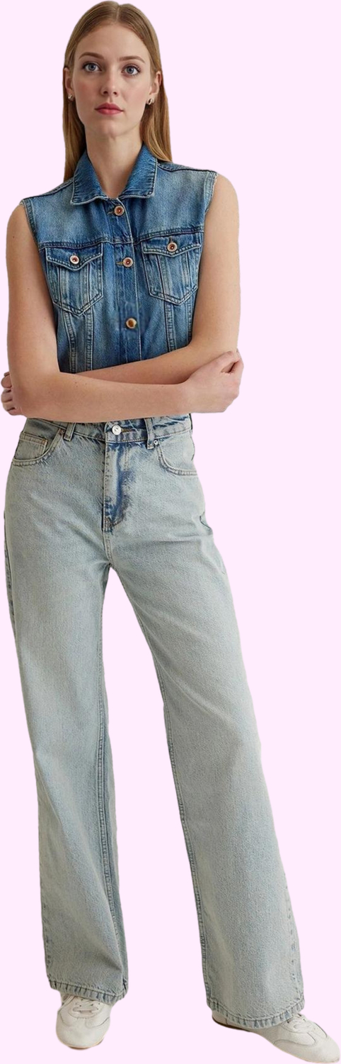 Kadın Pamuklu Denim Geniş Paça Pantolon Rahat Günlük Stil Hafta Sonu Yaz Aylarının Vazgeçilmezi