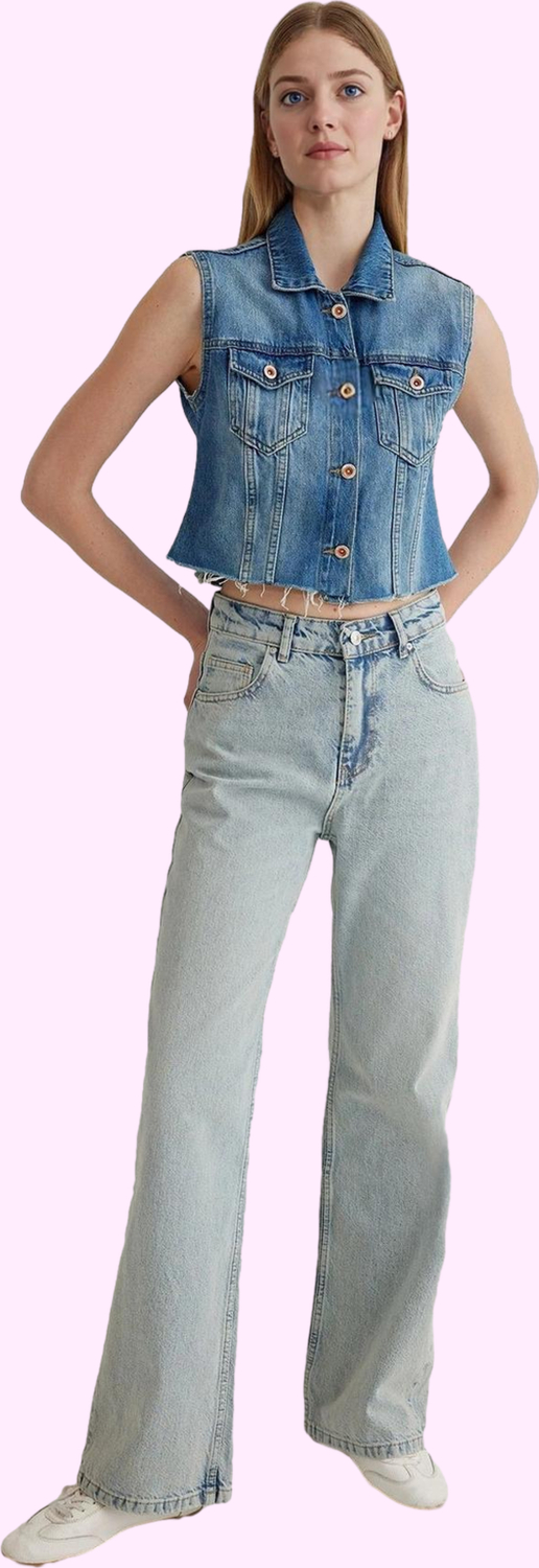 Kadın Pamuklu Denim Geniş Paça Pantolon Rahat Günlük Stil Hafta Sonu Yaz Aylarının Vazgeçilmezi