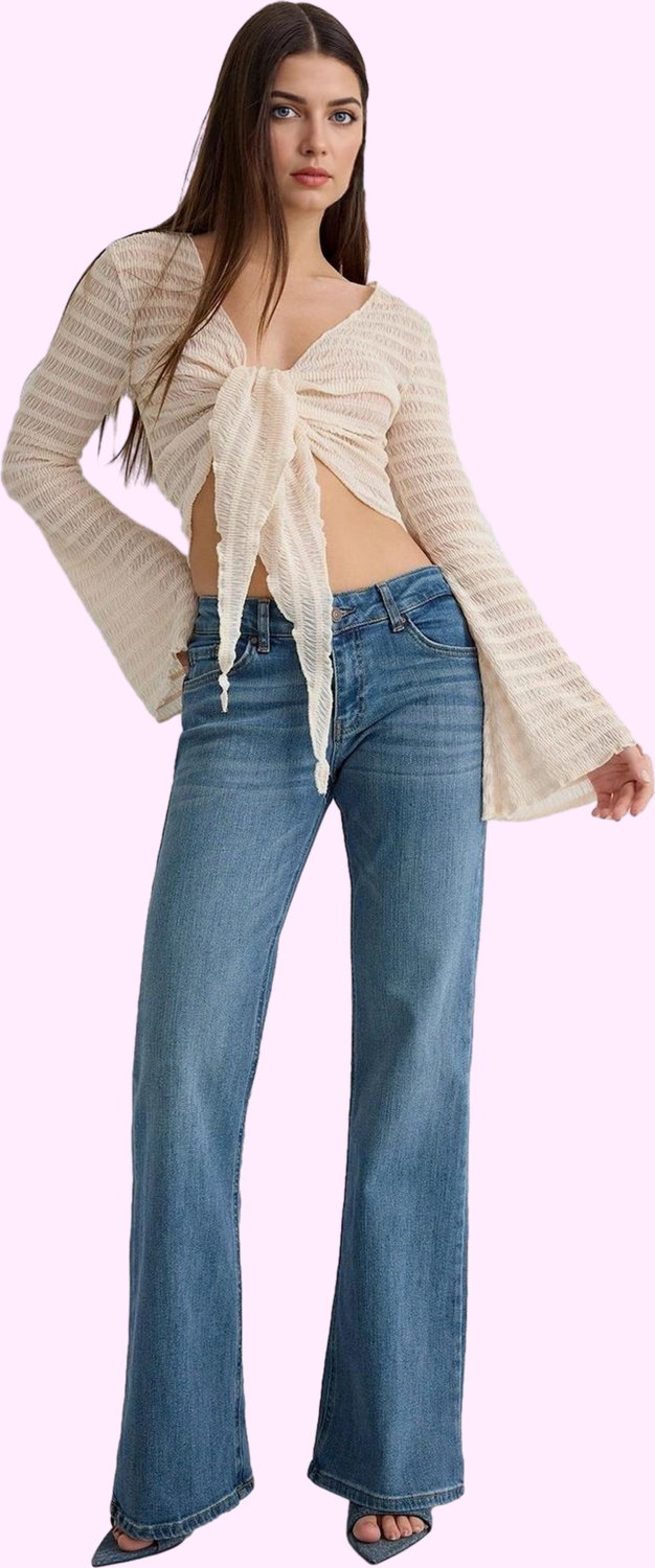 Kadın Denim Flare Jean Düşük Bel İspanyol Paça Rahat Günlük Hafta Sonu Yaz Aylarının Vazgeçilmezi
