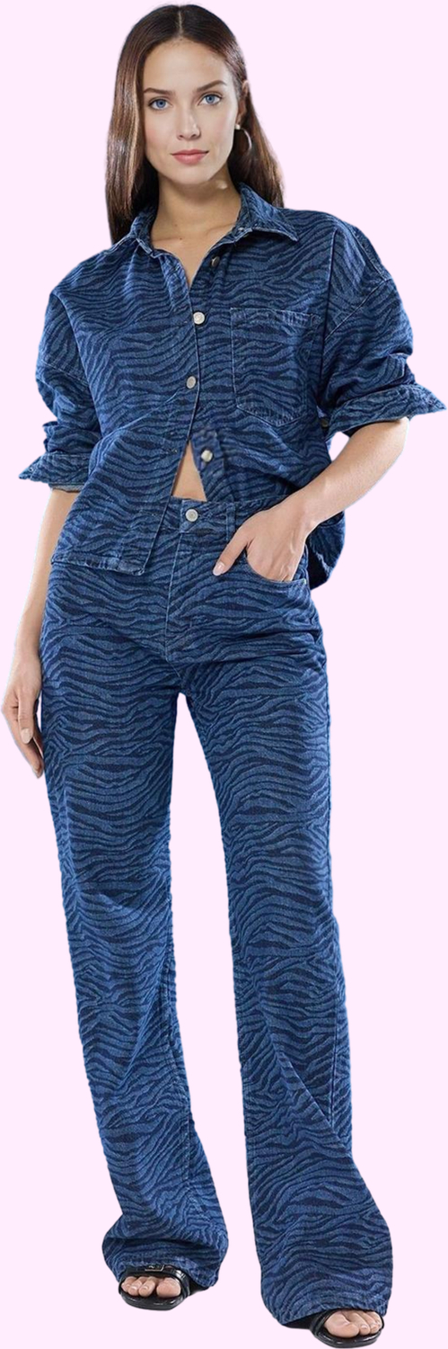 Kadın Zebra Desenli Wide Leg Jean Pantolon Pamuk Casual Stil Günlük Kullanım Modern Tasarım