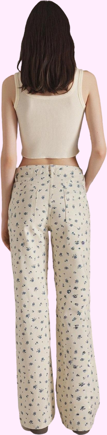 Kadın Pamuklu Çiçekli Desenli Wide Leg Jean Pantolon Günlük Kullanım Yaz Aylarının Vazgeçilmezi