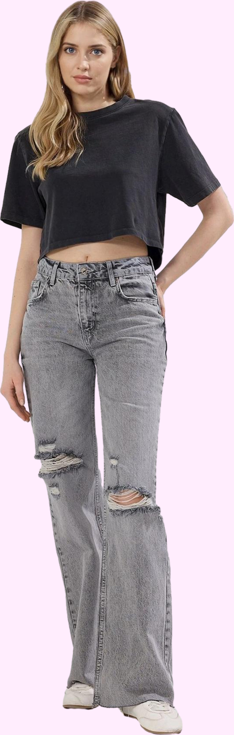Kadın Pamuk Denim Jean Yırtık Detaylı Geniş Paça Günlük Kullanım Yaz Aylarının Vazgeçilmezi
