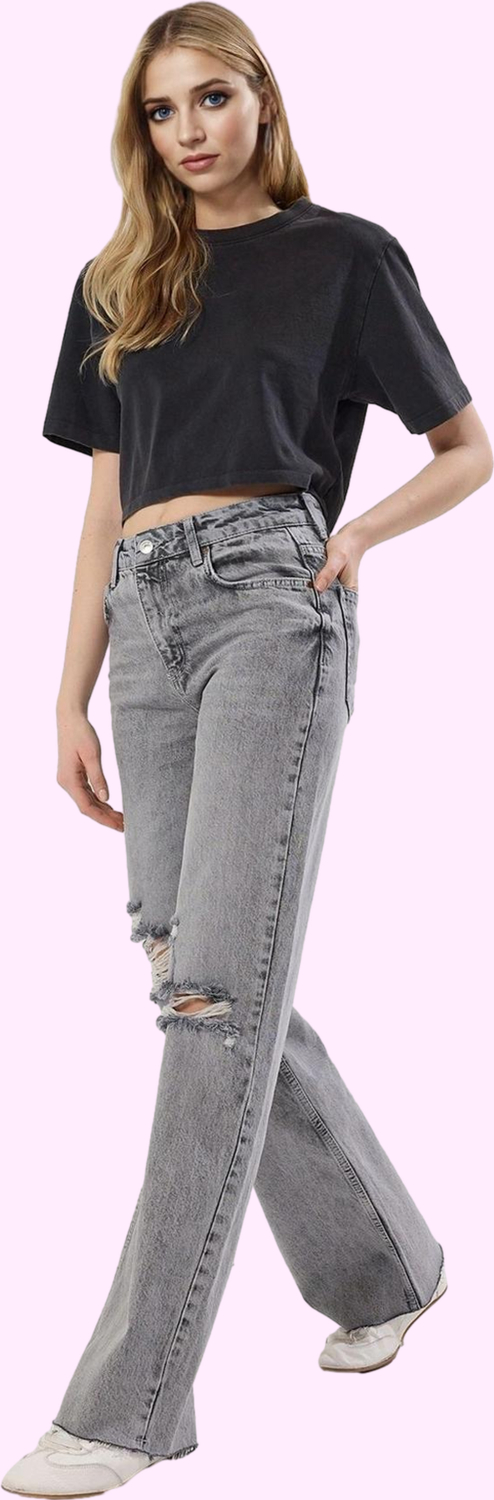 Kadın Pamuk Denim Jean Yırtık Detaylı Geniş Paça Günlük Kullanım Yaz Aylarının Vazgeçilmezi