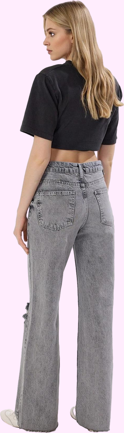 Kadın Pamuk Denim Jean Yırtık Detaylı Geniş Paça Günlük Kullanım Yaz Aylarının Vazgeçilmezi